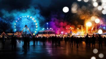 A carnival with a Ferris wheel and lots of people photo