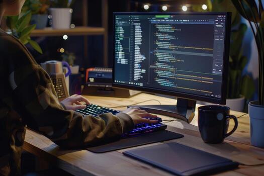 A person is sitting at a desk with a computer and keyboard photo