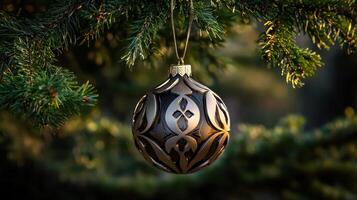 A gold and silver ornament hangs from a tree branch photo