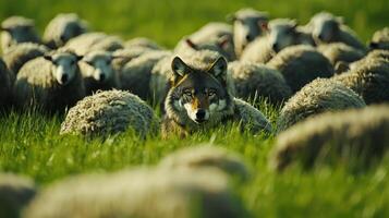 Wolf and sheep in the field photo