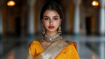 A beautiful indian woman wearing a yellow sari photo