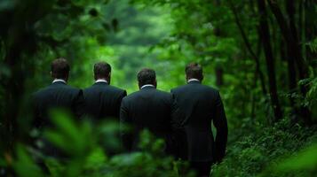 Three men in suits walking through the woods photo