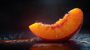 A peach slice with water droplets on it photo