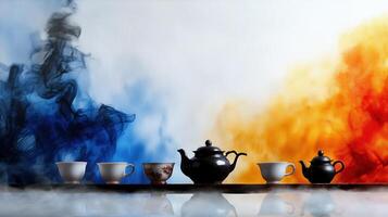 A row of teapots and cups on a table photo