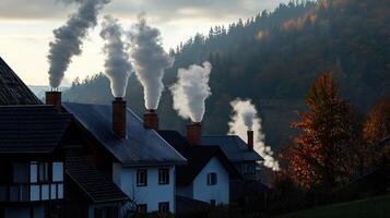 A row of houses with smoke coming out of the chimneys photo