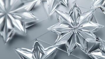 Delicate crystal snowflakes are displayed elegantly on a shiny surface, reflecting light and creating vibrant patterns. This arrangement highlights the artistry and beauty of winter decor photo