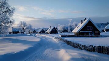 A snowy landscape with a road and houses photo