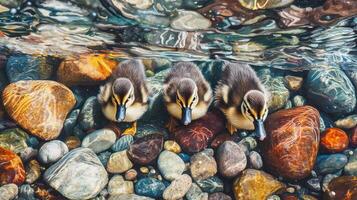 Three ducks swimming in the water on rocks photo