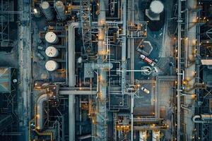 Aerial view of industrial plant with pipes and pipes photo