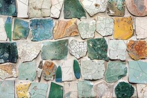 A wall with many different colored pieces of ceramic photo