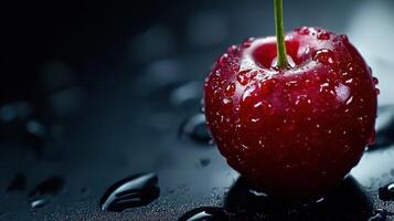 A cherry is covered in water drops on a black background photo