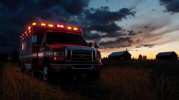 An ambulance is parked in a field at dusk photo