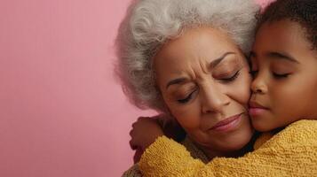 A grandmother and her granddaughter share a warm hug, with the older woman gently resting her head against the child's. The soft pink background adds a tender atmosphere to the moment photo