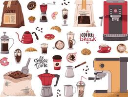 Coffee items set. Elements of coffeeshop. Coffee machines, beans grinder, coffeepots. Various coffee drinks and desserts. Flat illustrations isolated on white background vector