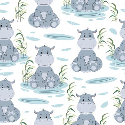 Seamless pattern with African animals. Cute children s texture with hippopotamus in a pond. illustration for children s wallpapers, backgrounds, fabric, etc.