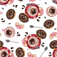 Seamless pattern with a cup of coffee and a donut. Repeating texture with a coffee drink and dessert. Coffee time. Suitable for textiles, wallpaper, paper, etc. vector