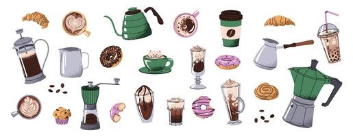 Coffee items set. Elements of coffeeshop. Teapot, coffee pot. Various coffee drinks and desserts. Flat illustrations isolated on white background vector
