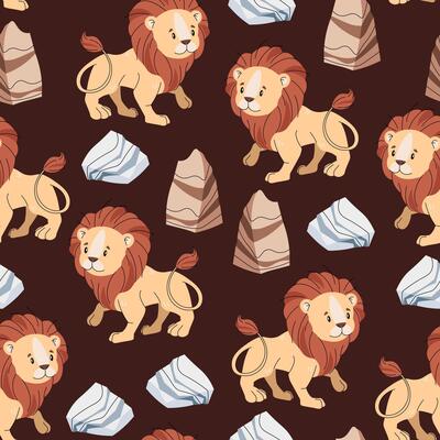 Seamless pattern with African animals. Cute children s texture with lion, stone and grass. illustration for children s wallpapers, backgrounds, fabric, etc.