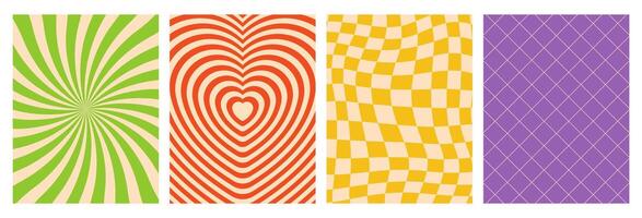 Groovy hippie set of twisting, heart tunnel, psychedelic checkerboard backgrounds. Twisted and distorted texture posters, templates in groovy style vector