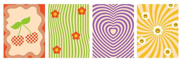 Hippie psychedelic backgrounds set. Groovy checkered posters with cherry, waves, flowers, heart tunnel. Twisted and distorted cover in retro style. vector