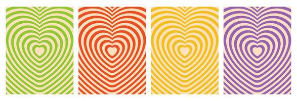 Retro vertical backgrounds collection with hypmotic effect heart tunnel. Groovy posters, romantic psychedelic covers design in 90s. vector
