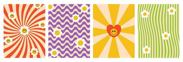 Groovy psychedelic checkerboard collage set. Hippie mosaic retro backgrounds with happy flowers, heart, daisy elements. Trendy twisted and distorted waves posters vector