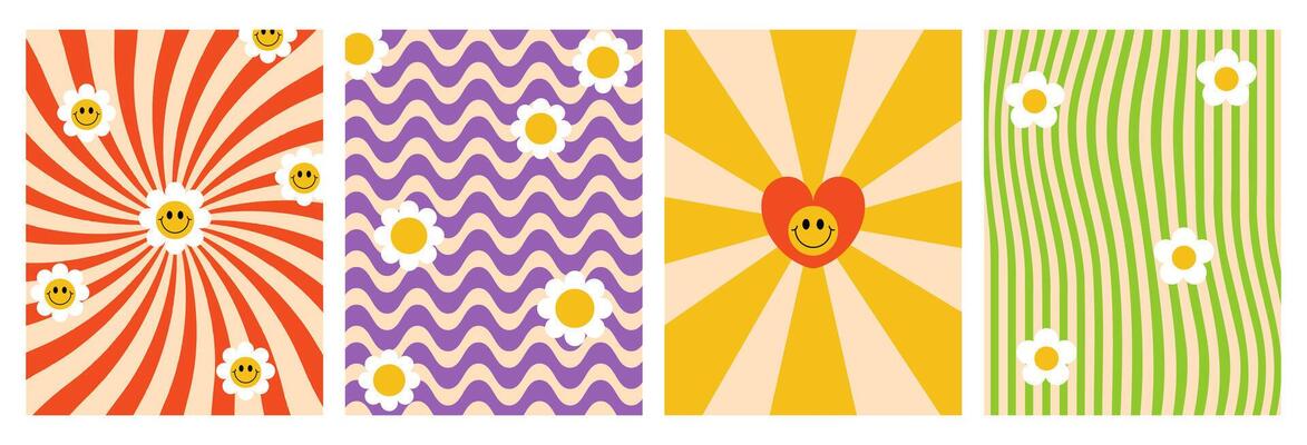 Groovy psychedelic checkerboard collage set. Hippie mosaic retro backgrounds with happy flowers, heart, daisy elements. Trendy twisted and distorted waves posters