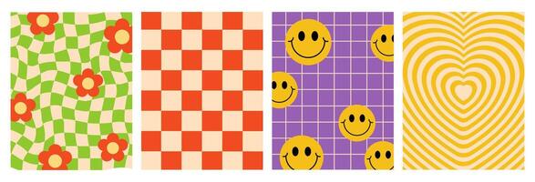 Groovy posters, covers collection for social media. Twisting ckerboard with flowers, heart tunnel, happy psychedelic checkered backgrounds. vector