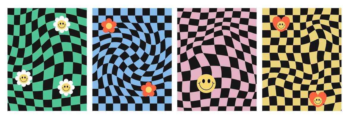 Pastel mosaic hippie posters set in 70s. Groovy psychedelic checkerboard backgrounds with happy flowers, heart, daisy. Trendy retro cover for social media.