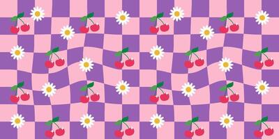 Groovy checkered background with 2000s cherry and daisy design elements. Seamless pattern in retro style. Y2k print illustration for textile, wrapping paper, fabric, wallpaper, cover. vector