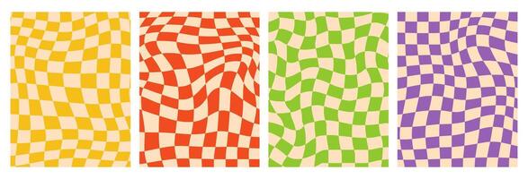Psychedelic checkerboard backgrounds in groovy style. Yellow, red, green, violet colors chessboard illustration. Retro posters collection with distorted grid tile for print, design templates. vector