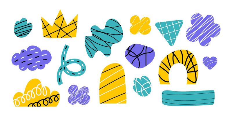 Modern abstract forms with textured scribbles lines. Retro illustration with various rounded figures, flower icon, heart, arch for covers, print, collages