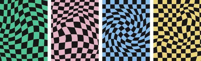 Pastel mosaic cover collection. Psychedelic checkerd backgrounds, groovy posters, retro templates for social media design. vector