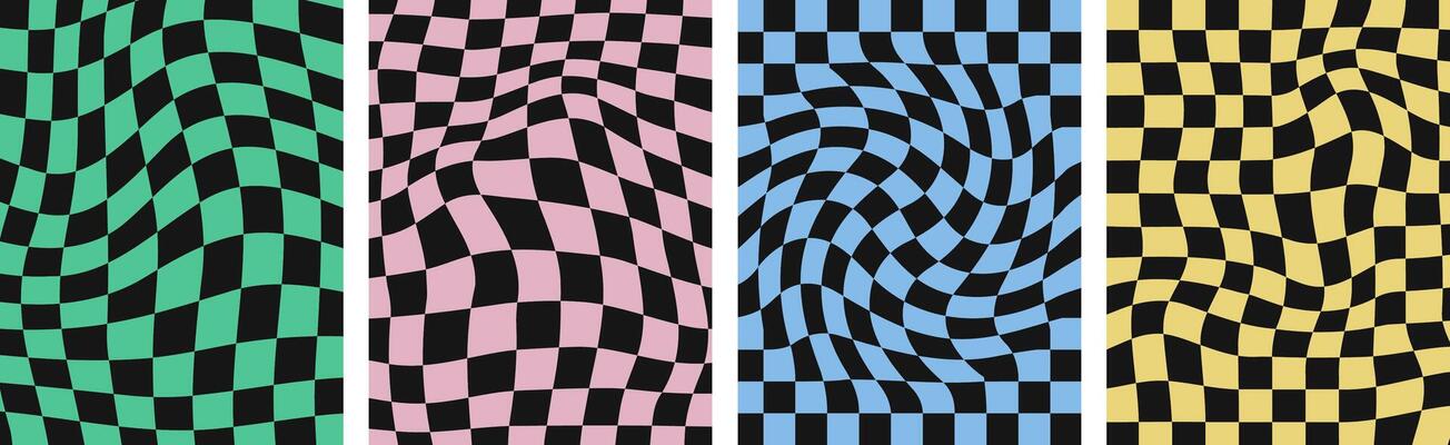 Pastel mosaic cover collection. Psychedelic checkerd backgrounds, groovy posters, retro templates for social media design.