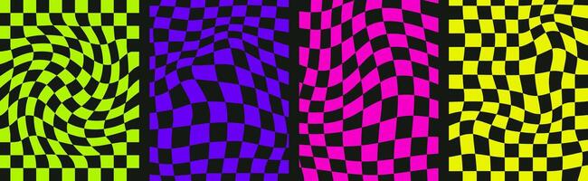 Psychedelic checkerboard acid backgrounds. Surreal abstract checkered posters collection. Groovy neon design templates. vector