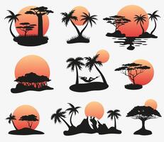 Waiting for summer. Sea and beach. Tropical set. Silhouettes of palm trees on the island. vector