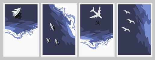 Travel concept. Top view of the seashore. Ocean waves from a bird's eye view. Coastline. EPS 10. vector