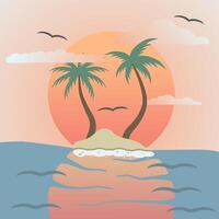 Sunset on the island. Peaceful sunset view. Palm trees on the island. Tropical relaxation. vector