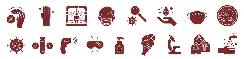 Dark icons related to the virus and its treatment. Preventing the spread of the virus. vector