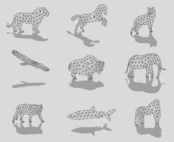 Polygonal silhouettes of animals. Triangulation of wild animals, birds and fish with shadow. vector