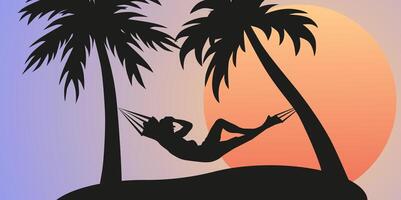 Rest in a hammock. Hello summer. Sunset on the sea. Tropical relaxation. vector