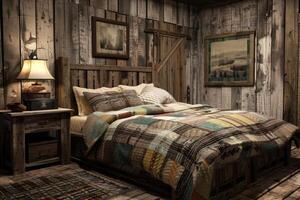 A rustic bedroom with a bed, a lamp and a wooden floor photo