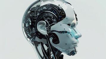 A robot head with a blue face and a white background photo