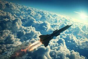 A jet flying through the clouds with a sun in the background photo