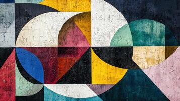 Vibrant mural features an array of geometric shapes in various colors, displayed on a weathered wall in an urban setting. Sunlight highlights the intricate design and textures photo