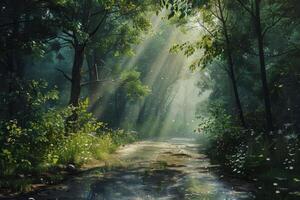 A painting of a forest with sunbeams shining through the trees photo