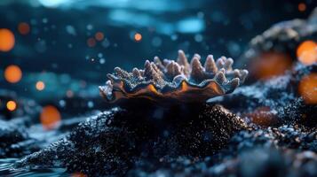 A small plant is growing on a rock in the ocean photo