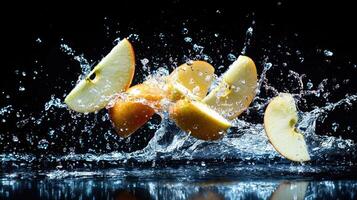 A splash of water is falling on an apple photo