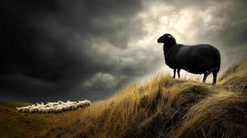 A black sheep stands on a hill with a flock of sheep photo
