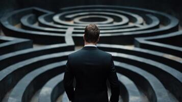 A man in a suit stands in front of a large circular maze photo